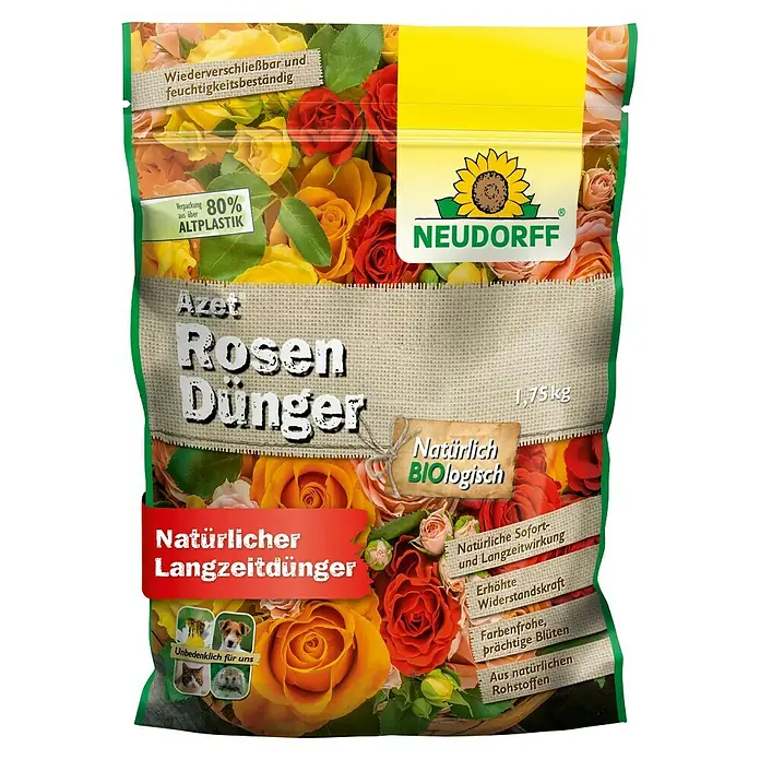 Neudorff Azet Rosendünger - 1,75 kg - Abbildung einer Packung Neudorff Azet Rosendünger, einem natürlichen Langzeitdünger für Rosen, wiederverschließbar und feuchtigkeitsbeständig.