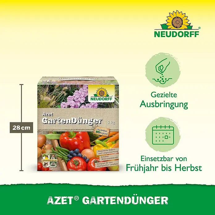Neudorff Azet Universaldünger - 5 kg - Neudorff Azet Gartendünger 5 kg Packung, 28 cm hoch, mit Icons für gezielte Anwendung und ganzjährigen Einsatz. Für biologischen Anbau.