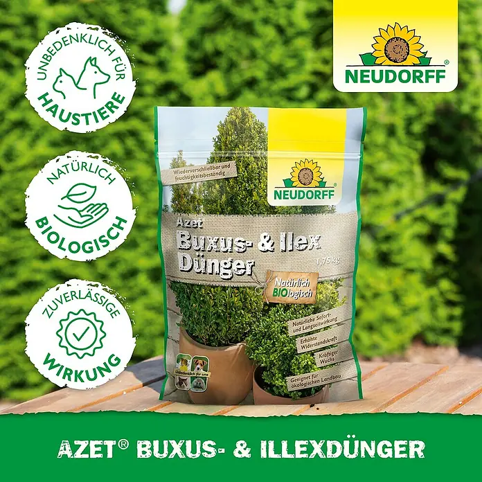 Neudorff Azet Buchsbaumdünger - 1 kg - Produktabbildung von Neudorff Azet Buxus- und Ilexdünger, einem organischen Dünger für Buchsbaum und Stechpalme.