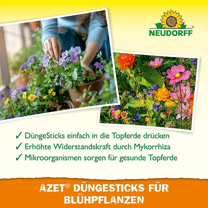 Neudorff Azet Blühpflanzen-Düngestäbchen - 40 Stk. - Bild von Neudorff Azet DüngeSticks für Blühpflanzen, die die Widerstandskraft der Pflanzen erhöhen und für gesunde Erde sorgen.