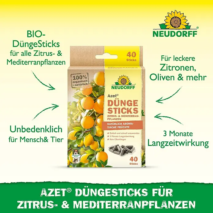 Neudorff Azet Grünpflanzen-Düngestäbchen Zitrus- und Mediterranpflanzen - 40 Stk. - Neudorff Azet BIO-Düngesticks für Zitrus- und Mediterranpflanzen, 40 Stück Packung.