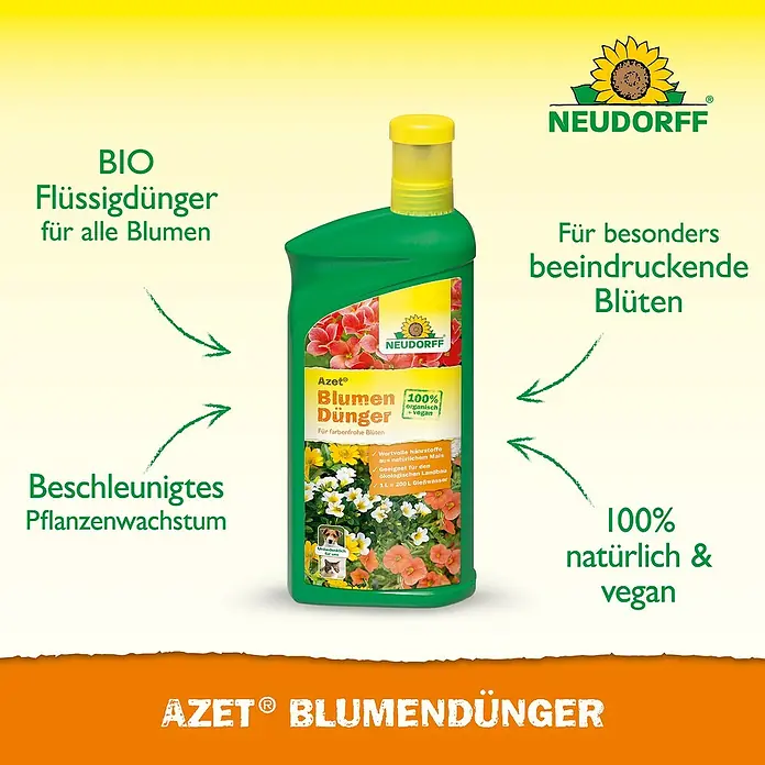 Neudorff Azet Blühpflanzendünger - 1 l - Azet Blumendünger von Neudorff, ein organischer Flüssigdünger für üppige Blüten und beschleunigtes Pflanzenwachstum.
