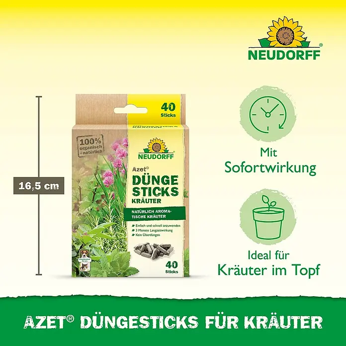 Neudorff Azet Düngestäbchen Kräuter - 40 Stk. - Karton Neudorff Azet® Düngesticks für Kräuter, 16,5 cm hoch, mit '100% organisch' und '40 Sticks'. Ideal für Topfkräuter mit Sofort- und Langzeitwirkung.