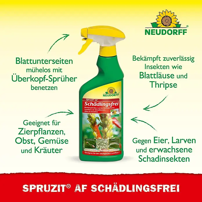 Neudorff Spruzit Schädlingsfrei - 500 ml, Anwendungsfertig - Abbildung einer Sprühflasche Spruzit AF Schädlingsfrei von Neudorff, zur Schädlingsbekämpfung bei Zierpflanzen, Obst und Gemüse.