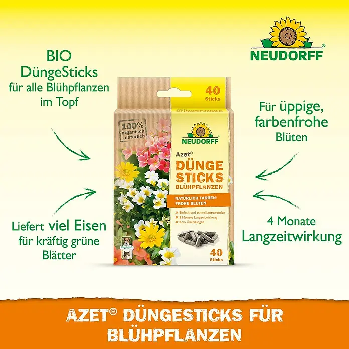 Neudorff Azet Blühpflanzen-Düngestäbchen - 40 Stk. - Produktfoto: Neudorff Azet DüngeSticks für üppige, farbenfrohe Blüten, die 4 Monate Langzeitwirkung bieten und für kräftig grüne Blätter sorgen.