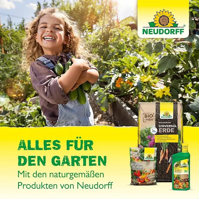 Neudorff Permanent Geruchsfrei - 500 g - Werbung für Neudorff Gartenprodukte mit einem glücklichen Kind, das Gurken hält, Erden, Dünger und dem Slogan "Alles für den Garten".