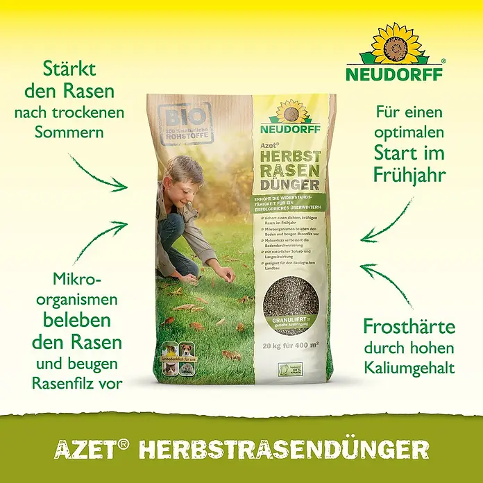 Neudorff Azet Herbstrasendünger - 20 kg, Max. Anwendungsfläche: 400 m² - Neudorff Azet Herbstrasendünger: Stärkt den Rasen nach trockenen Sommern und sorgt für einen optimalen Start im Frühjahr.