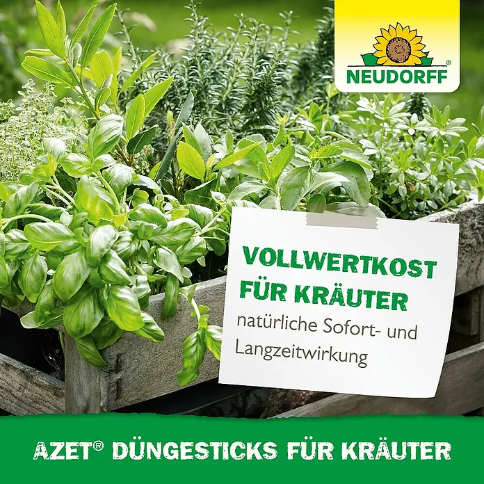 Neudorff Azet Düngestäbchen Kräuter - 40 Stk. - AZET® Düngesticks für Kräuter. Ein Zettel beschreibt sie als vollwertige, natürliche Nahrung für frische grüne Kräuter in einem Holzkasten.