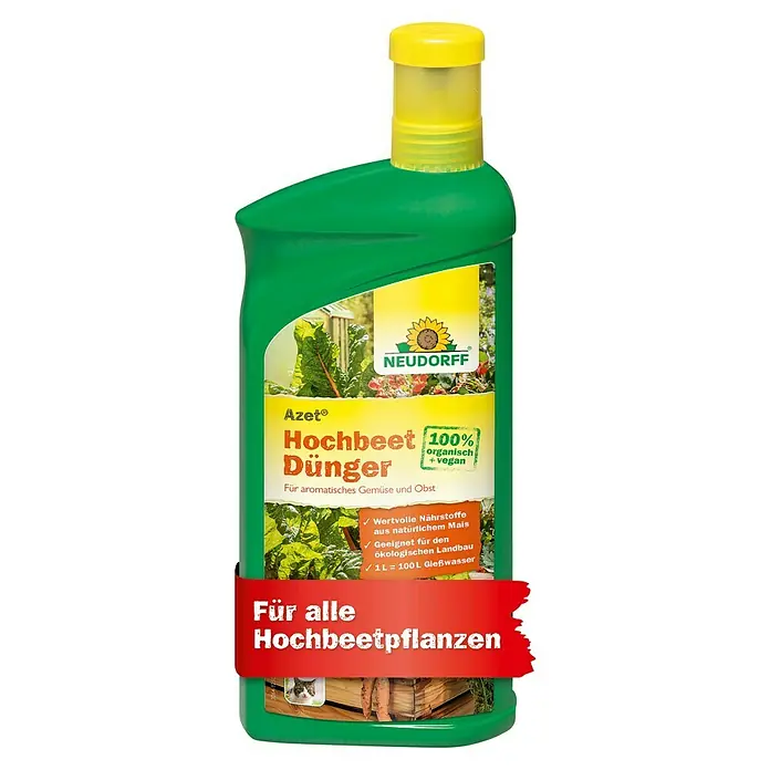 Neudorff Azet Hochbeetdünger - 1 l - Produktbild einer Flasche Azet Hochbeet Dünger von Neudorff, ein organischer und veganer Dünger für aromatische Gemüse und Obstpflanzen.