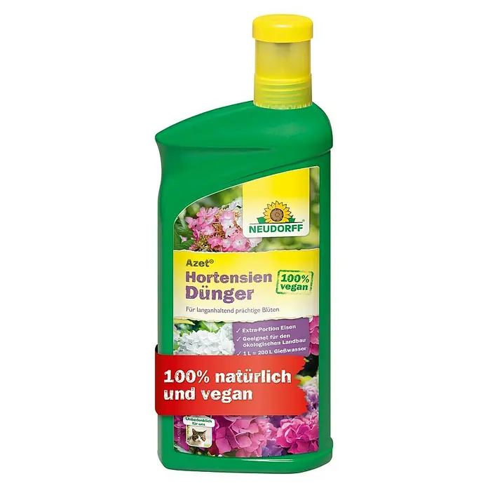 Neudorff Azet Hortensiendünger - 1 l - Produktbild des Neudorff Azet® Hortensiendünger, ein 100% veganer, natürlicher Spezialdünger für lang anhaltend prächtige Blüten.