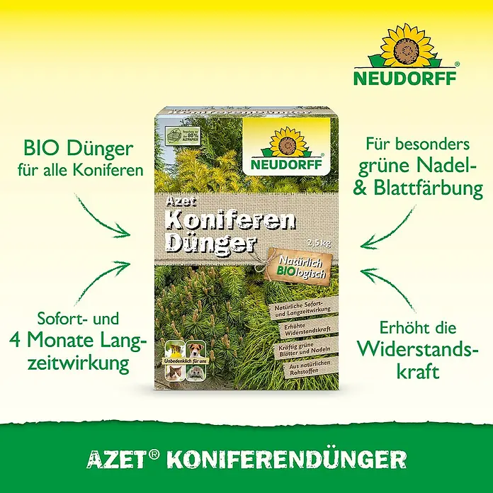 Neudorff Azet Tannen- & Koniferendünger - 2,5 kg - Produktbild: AZET® Koniferendünger von Neudorff, ein Bio-Dünger für grüne Nadeln und Blätter.