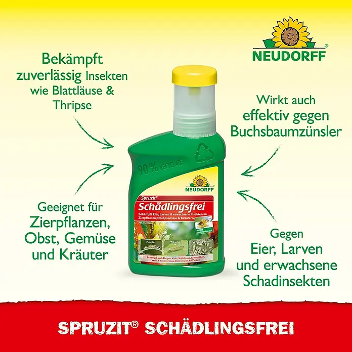 Neudorff Spruzit Schädlingsfrei - 250 ml, Nicht Anwendungsfertig - Abbildung einer Flasche Spruzit Schädlingsfrei, einem Insektizid zur Bekämpfung von Schädlingen an Pflanzen.