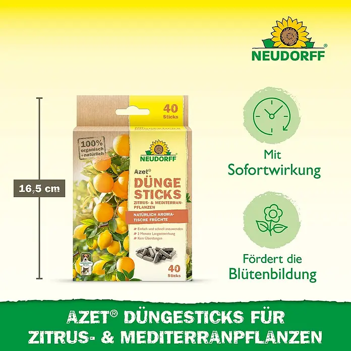 Neudorff Azet Grünpflanzen-Düngestäbchen Zitrus- und Mediterranpflanzen - 40 Stk. - Neudorff Azet Düngesticks für Zitrus- und Mittelmeerpflanzen. Braune Schachtel mit 40 organischen Sticks, 16,5 cm hoch, mit Sofortwirkung, fördert Blüten.