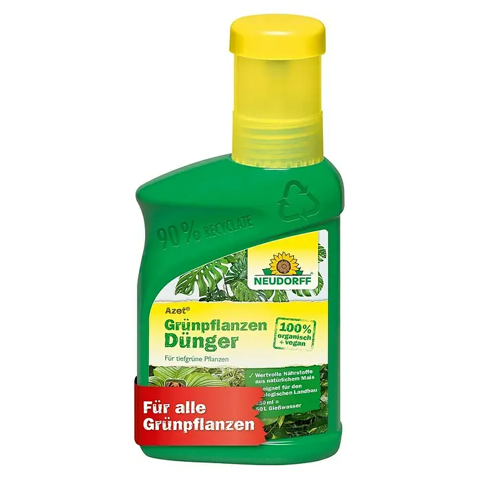 Neudorff Azet Grünpflanzendünger - 325 kg, 250 ml - Grüne Plastikflasche Neudorff Bio-Flüssigdünger für Grünpflanzen mit gelbem Verschluss und Etikett, das 90% Recyclat hervorhebt.
