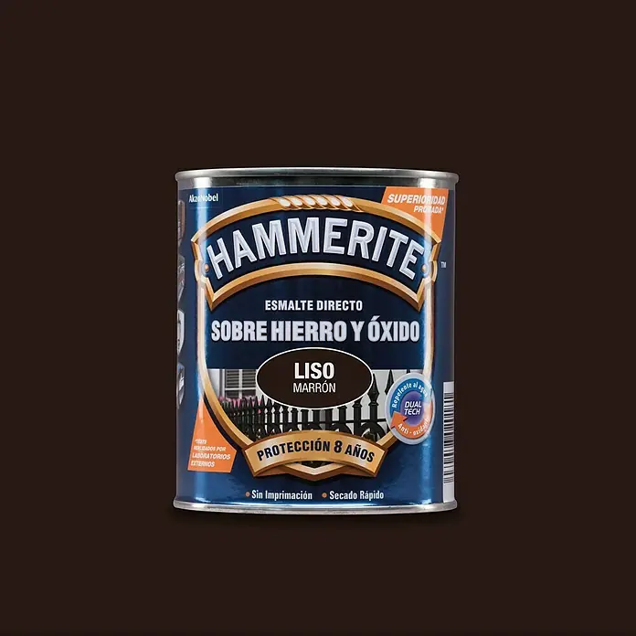 Hammerite Esmalte para metal Hierro y Óxido - Marrón, 750 ml, Efecto liso - Bote de esmalte Hammerite Directo sobre Hierro y Óxido, tono Liso Marrón, con 8 años de protección y secado rápido.