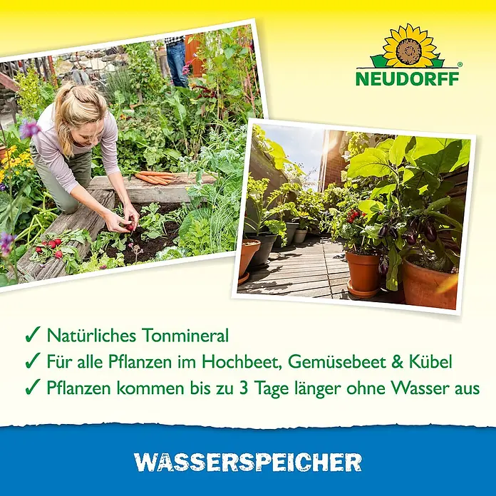 Neudorff Wasserspeicher - 2,5 kg - Neudorff natürliches Tonmineral Wasserspeicher für Hochbeete, Gemüsebeete & Kübel. Pflanzen kommen bis zu 3 Tage länger ohne Wasser aus.