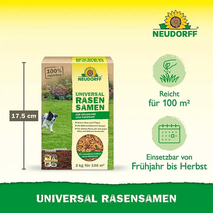 Neudorff Rasensamen Universal - 2 kg, 100 m² - Neudorff Universal Rasensamen, 2kg Packung (17,5 cm hoch) für 100m². 100% natürlich, schnell keimend für dichten Rasen.