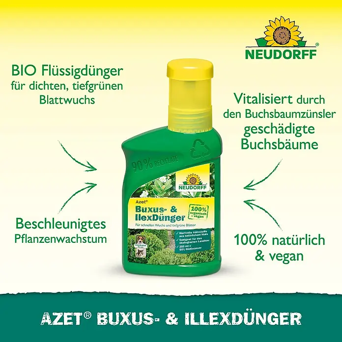Neudorff Azet Buchsbaumdünger - 250 ml - Das Bild zeigt den Azet Buxus- & Ilexdünger, einen Bio-Flüssigdünger für dichten Blattwuchs und zur Vitalisierung geschädigter Buchsbäume.