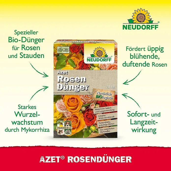 Neudorff Azet Rosendünger - 2,5 kg - Bild einer Packung Neudorff Azet Rosendünger, ein spezieller Bio-Dünger für Rosen und Stauden, der üppige Blüten fördert.