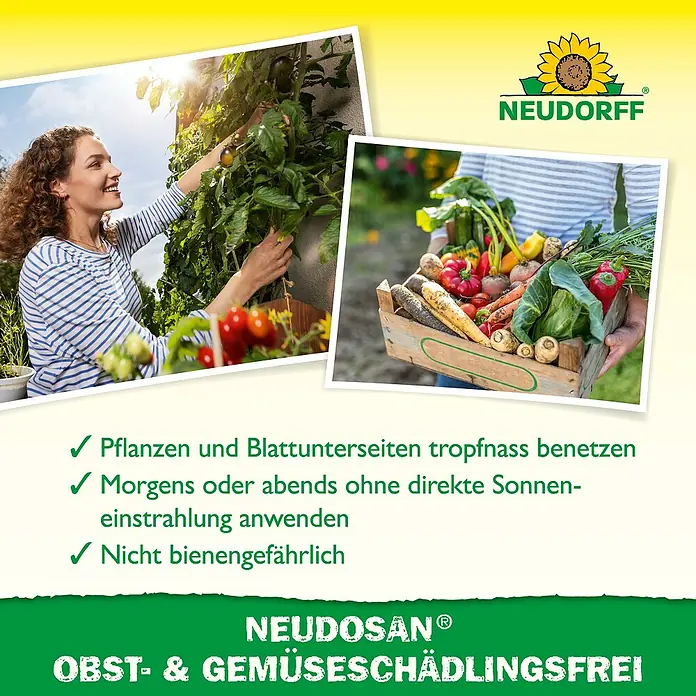 Neudorff Neudosan Schädlingsfrei Obst & Gemüse - 250 ml - Neudosan Schädlingsfrei: Frau im Garten und eine Kiste mit frischem Gemüse.