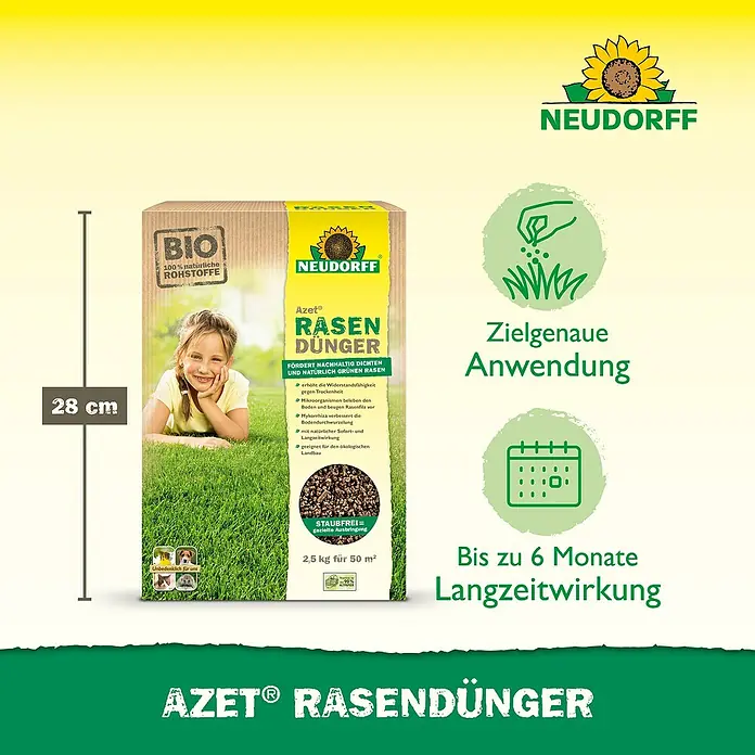 Neudorff Azet Rasendünger - 2,5 kg, Max. Anwendungsfläche: 50 m² - Produktbild: Neudorff Azet Rasendünger, ein organischer Rasendünger für dichten und grünen Rasen, mit bis zu 6 Monaten Langzeitwirkung.