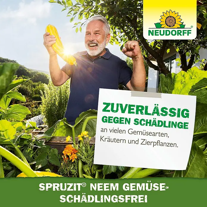 Neudorff Spruzit Schädlingsfrei Neem Gemüse - 30 ml - Ein lächelnder Mann präsentiert stolz sein Gemüse mit Neudorff Schädlingsfrei.