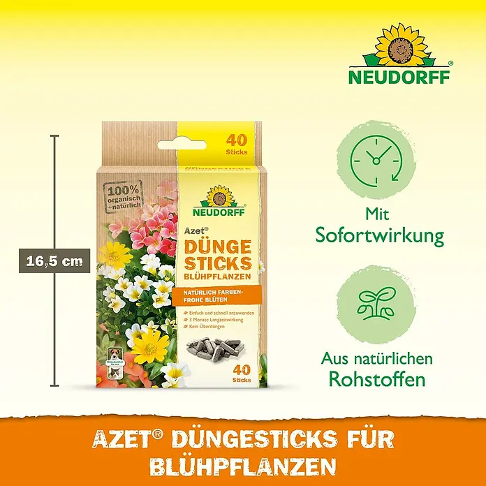 Neudorff Azet Blühpflanzen-Düngestäbchen - 40 Stk. - Produktbild: Neudorff Azet Düngestäbchen für Blühpflanzen, 100% organisch und natürlich, mit Sofortwirkung und aus natürlichen Rohstoffen.