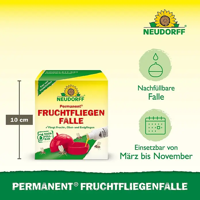 Neudorff Permanent Fruchtfliegen-Falle - 1 Stk. - Bild einer Neudorff Permanent® Fruchtfliegenfalle, 10 cm hoch, nachfüllbar, einsetzbar von März bis November.