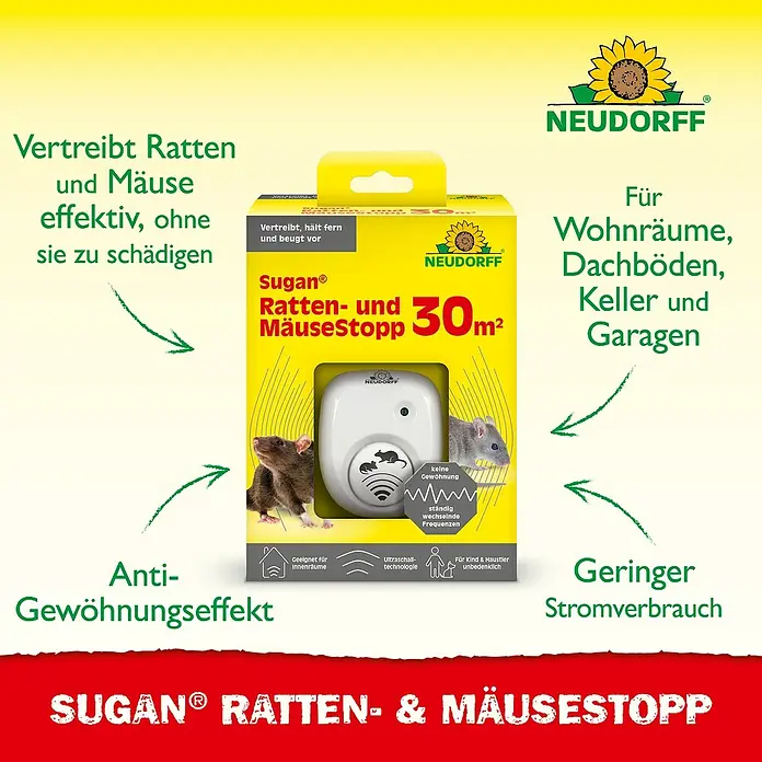 Neudorff Sugan Ratten- & Mäusebekämpfung - Max. Anwendungsfläche: 30 m² - Produktbild von "Sugan Ratten- und Mäusestopp" von Neudorff, einem Ultraschallgerät zur Schädlingsbekämpfung in Innenräumen.