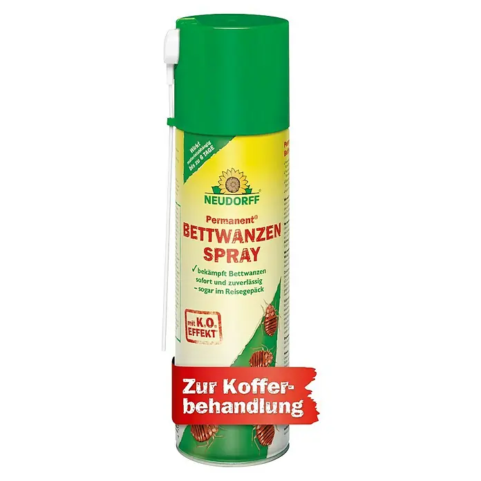Neudorff Permanent Bettwanzenspray Bettwanzen Spray - Wirkstoff: Spinosad - Grünes Neudorff Permanent Bettwanzen Spray mit gelbem Etikett, roter Schrift und Banner "Zur Kofferbehandlung".