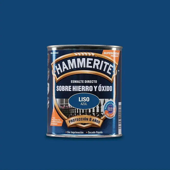 Hammerite Esmalte para metal Hierro y Óxido - Azul, 750 ml, Efecto liso - Bote de esmalte directo sobre hierro y óxido Hammerite Liso Azul con 8 años de protección y Dual Tech.