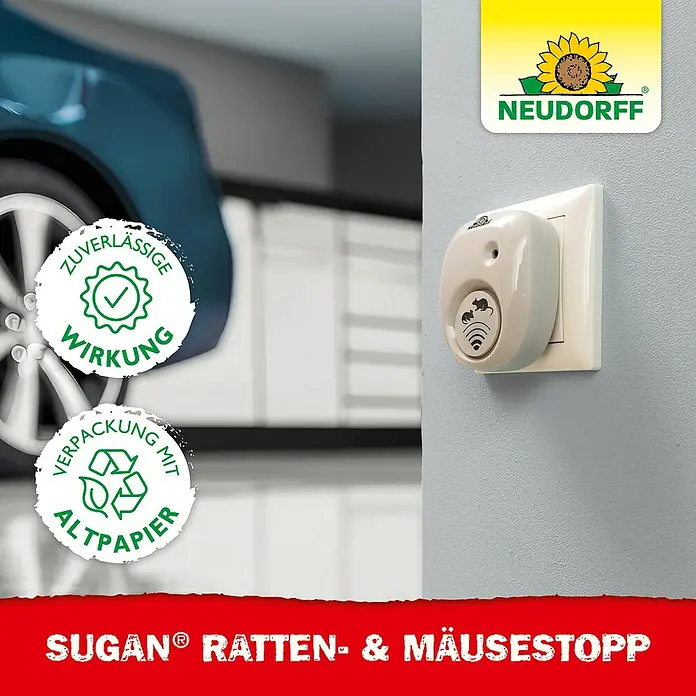Neudorff Sugan Ratten- & Mäusebekämpfung - Max. Anwendungsfläche: 30 m² - Sugan Ratten- & Mäusestopp: Ultraschall-Gerät zur Abwehr von Ratten und Mäusen, umweltfreundlich und zuverlässig.