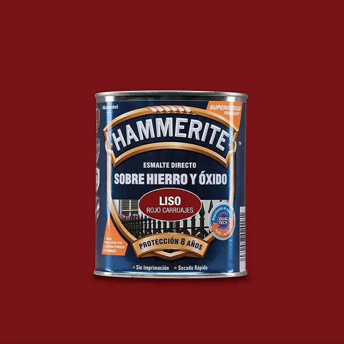 Hammerite Esmalte para metal Hierro y Óxido - Rojo antiguo, 750 ml, Efecto liso - Pintura Hammerite directa sobre óxido, apta para hierro y óxido, color "Liso Rojo Carruajes", que proporciona 8 años de protección.
