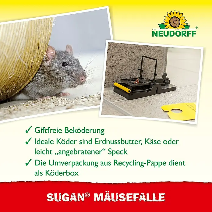 Neudorff Sugan Mausefalle - Schlagfalle, Kunststoff - Produktbild der Sugan® Mausefalle von Neudorff mit einem Nager und einer Falle.