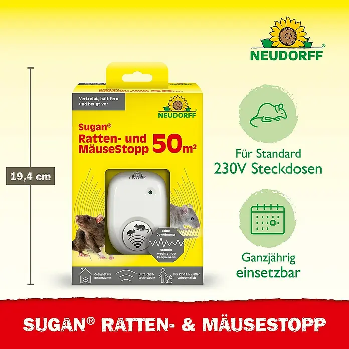 Neudorff Sugan Ratten- & Mäusebekämpfung - Max. Anwendungsfläche: 50 m² - Sugan Ratten- und Mäusestopp: Ultraschall-Technologie zur Vertreibung von Nagetieren, geeignet für Innenräume und ungefährlich für Kinder und Haustiere.