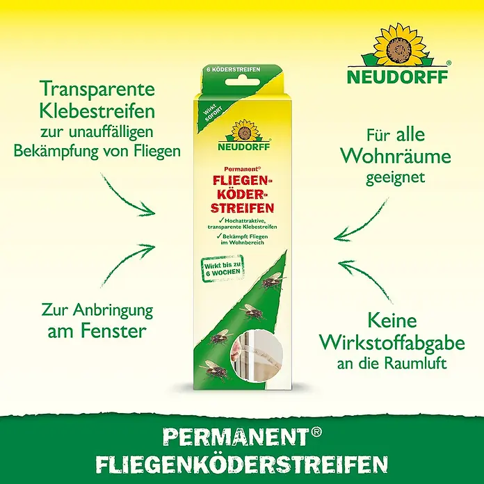 Neudorff Permanent Fliegenköder Streifen - 6 Stk. - Neudorff transparente Fliegenköderstreifen für Fenster. Unsichtbare Bekämpfung bis 6 Wochen, ohne Wirkstoffabgabe.