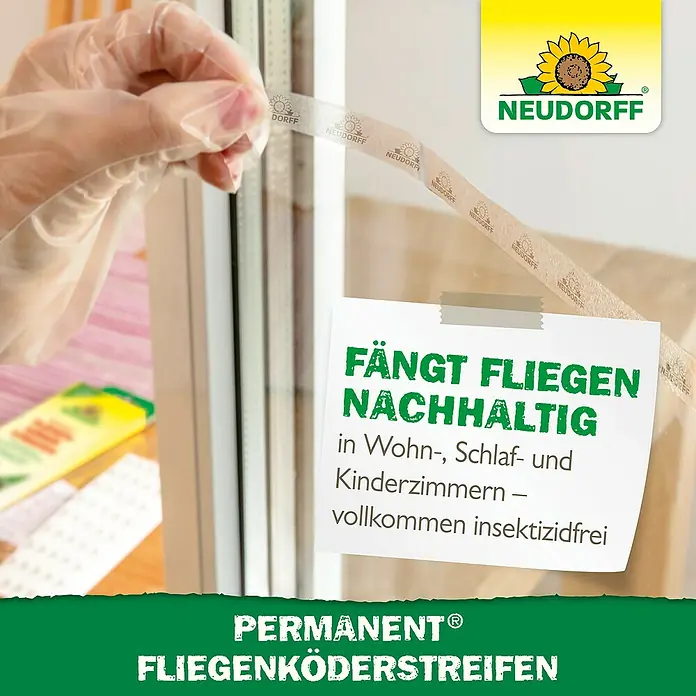 Neudorff Permanent Fliegenköder Streifen - 6 Stk. - Eine behandschuhte Hand befestigt einen beigen, insektizidfreien Neudorff PERMANENT® Fliegenköderstreifen an einem Fensterrahmen.