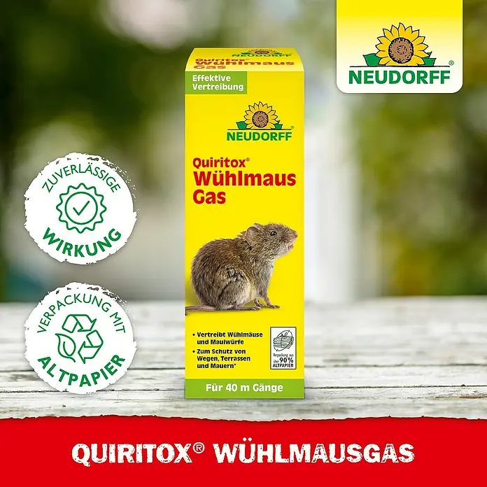Neudorff Quiritox Wühlmausgas - 2 Stk. - Produktfoto von Quiritox Wühlmausgas zur effektiven und zuverlässigen Vertreibung von Wühlmäusen und Maulwürfen.