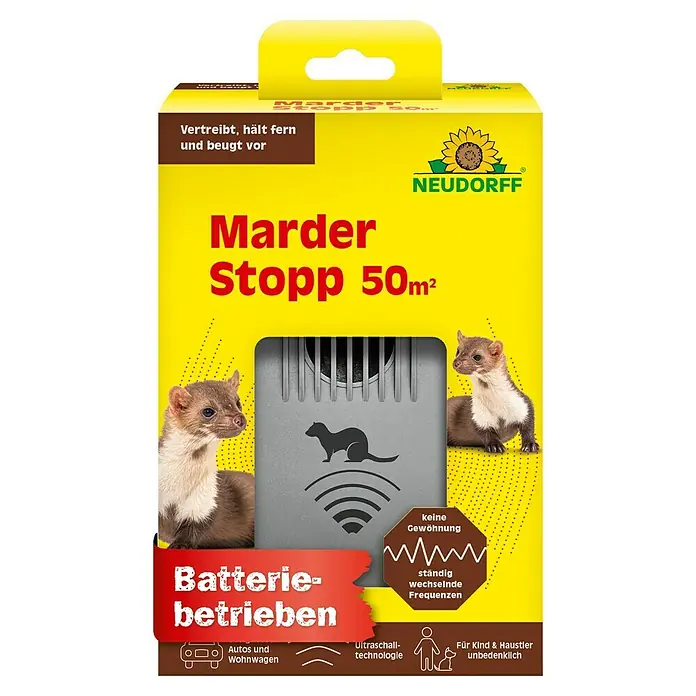 Neudorff Schädlings-Stopp - Wohnraum, Geeignet für: Marder - Produktbild der Marder Stopp 50m² Marderverteidiger-Box von Neudorff, die Marder mit Ultraschalltechnologie bis zu 50m² fernhält.
