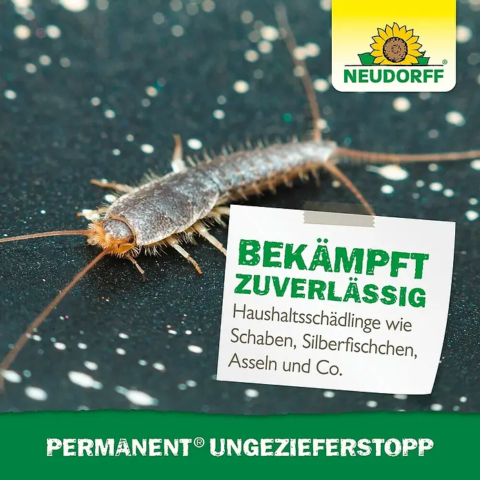 Neudorff Permanent Ungezieferspray Ungezieferstopp - 500 ml - Neudorff Permanent Ungezieferstopp, dargestellt mit einem Silberfischchen, bewirbt zuverlässige Bekämpfung von Haushaltsschädlingen wie Schaben und Asseln.