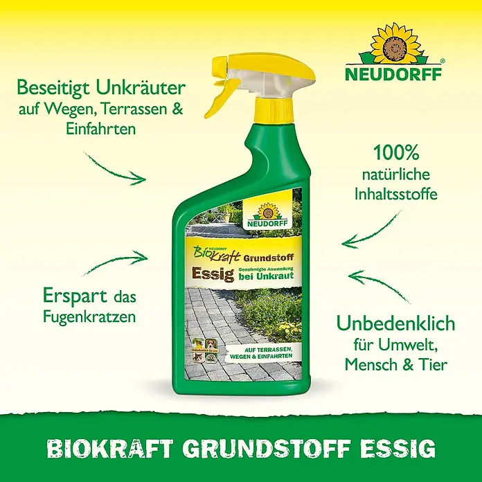 Neudorff BioKraft Grundstoff Essig AF - 1 l - Grüne Neudorff Sprühflasche (Biokraft Grundstoff Essig) mit gelbem Sprühkopf, ein natürlicher Unkrautvernichter für Wege & Terrassen.
