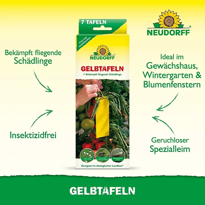 Neudorff Gelbtafeln - 7 Stk. - Gelbtafeln von Neudorff zur Bekämpfung fliegender Schädlinge in Gewächshäusern, Wintergärten und an Blumenfenstern, insektizidfrei und geruchlos.