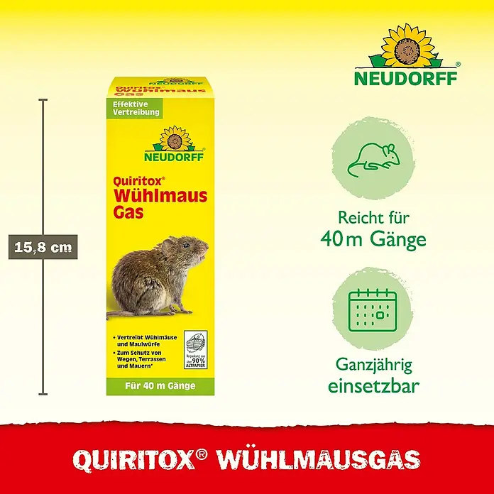 Neudorff Quiritox Wühlmausgas - 2 Stk. - Produktabbildung von Neudorff Quiritox Wühlmausgas zur effektiven Vertreibung von Wühlmäusen und Maulwürfen, ganzjährig einsetzbar für 40m Gänge.