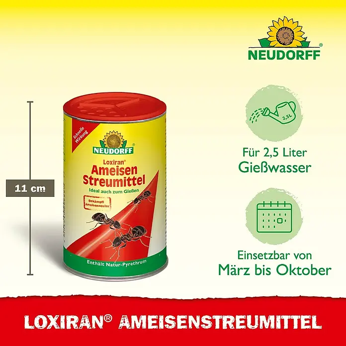 Neudorff Loxiran Ameisen-Mittel S - 100 g - Produktbild von Neudorff Loxiran Ameisen Streumittel, ein Mittel zur Bekämpfung von Ameisen, ideal zum Streuen oder Gießen.
