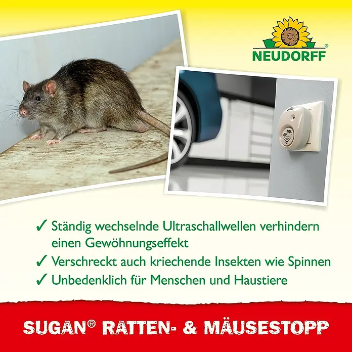 Neudorff Sugan Ratten- & Mäusebekämpfung - Max. Anwendungsfläche: 30 m² - Werbung für Sugan Ratten- & Mäusestopp, ein Ultraschallgerät zur Schädlingsbekämpfung.