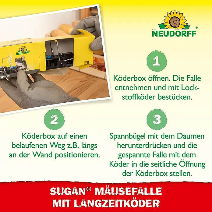 Neudorff Sugan Mausefalle mit Langzeitköder - Schlagfalle, Kunststoff - Anleitung zum Öffnen und Bestücken einer gelben NEUDORFF Mäusefalle mit Köderbox.