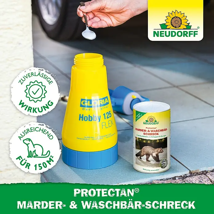 Neudorff Protectan Marder- & Waschbär-Schreck - 300 g - Produktbild von Neudorff Protectan Marder- & Waschbär-Schreck mit Gloria Hobby 125 Flex Sprühflasche.