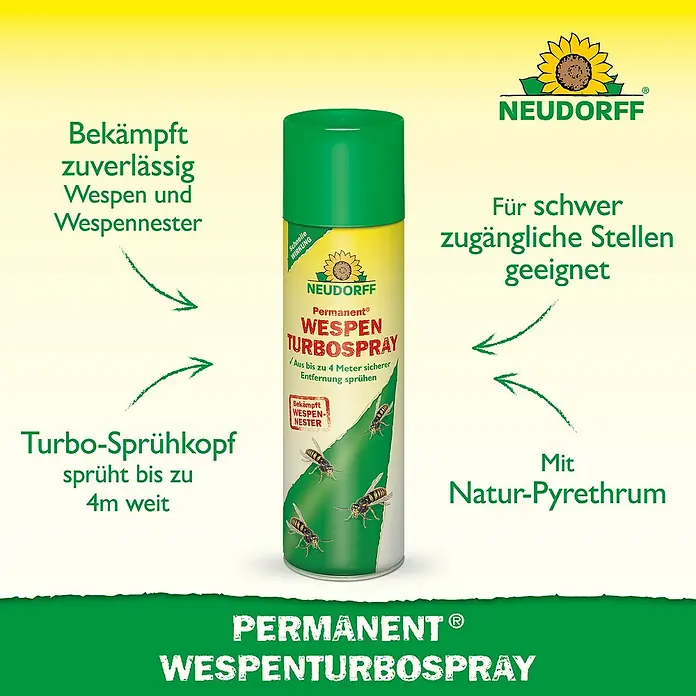 Neudorff Permanent Wespen-Spray Turbo - 500 ml - Abbildung einer Dose Neudorff Permanent Wespenturbospray, das Wespen und Wespennester zuverlässig bekämpft und bis zu 4 m weit sprüht.