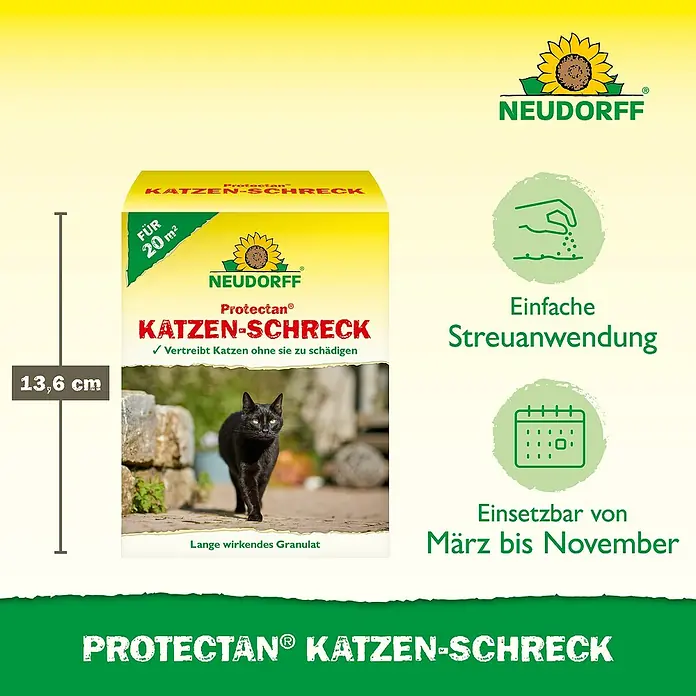 Neudorff Protectan Katzen-Schreck - Max. Anwendungsfläche: 20 m² - Produktabbildung: Neudorff Katzen-Schreck, ein Granulat zur Katzenabwehr, das von März bis November eingesetzt werden kann.