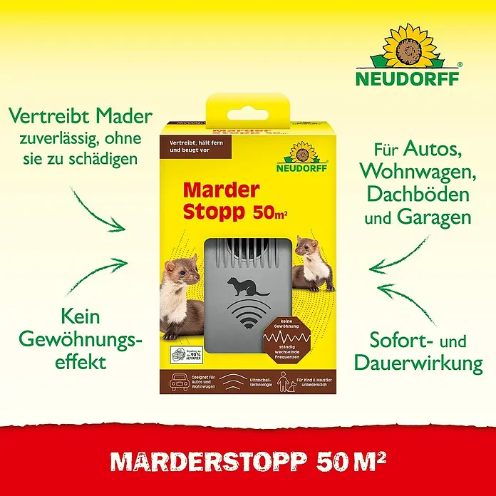 Neudorff Schädlings-Stopp - Wohnraum, Geeignet für: Marder - Produktbild des Neudorff Marder Stopp 50m², das Marder zuverlässig vertreibt und für Autos, Wohnwagen, Dachböden und Garagen geeignet ist.